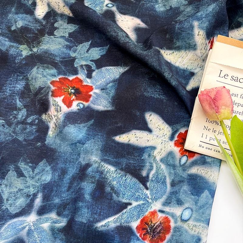 Indigo Butterfly Floral Cotton Fabric ��� Red Accent Pri" Wide