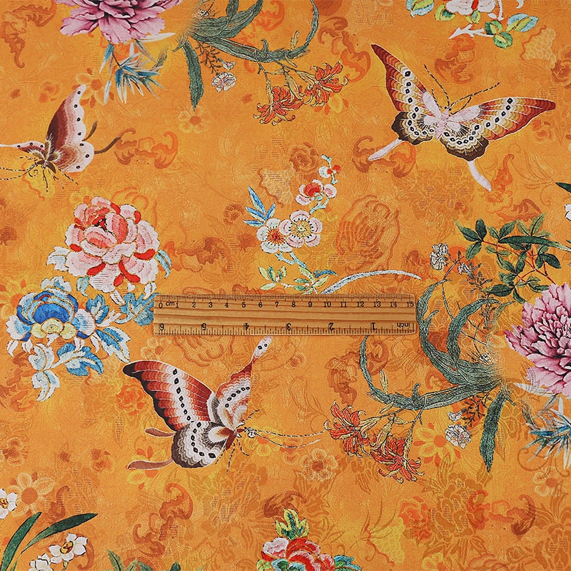Butterfly Floral Tea Silk Satin Fabric: 59"W Digital Print Sewing Material