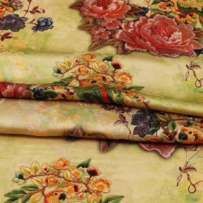 Peony Floral Rayon Silk Fabric: Chinese Print Dressmaking Material, 59" Wide