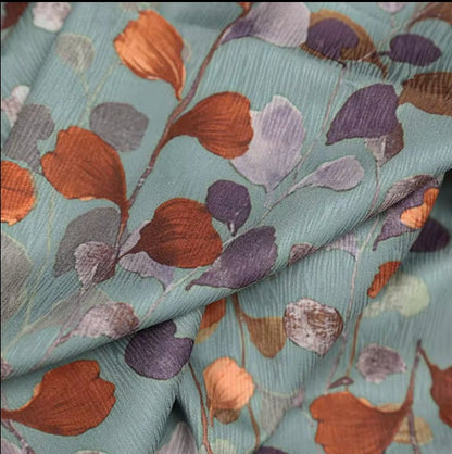 Leaf Print Satin Fabric: Teal Designer Sewing Material