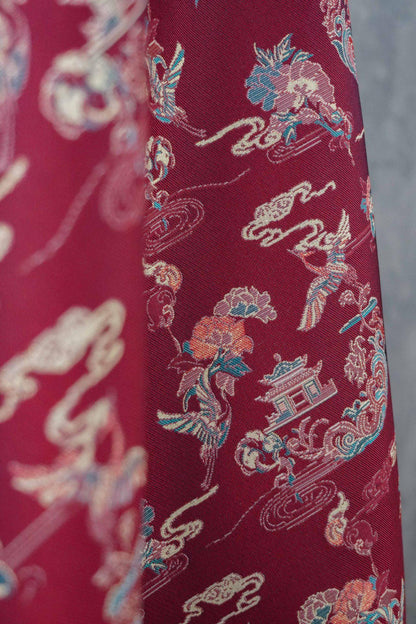 Tissu brocart satin jacquard Song : motif double grue et pivoine