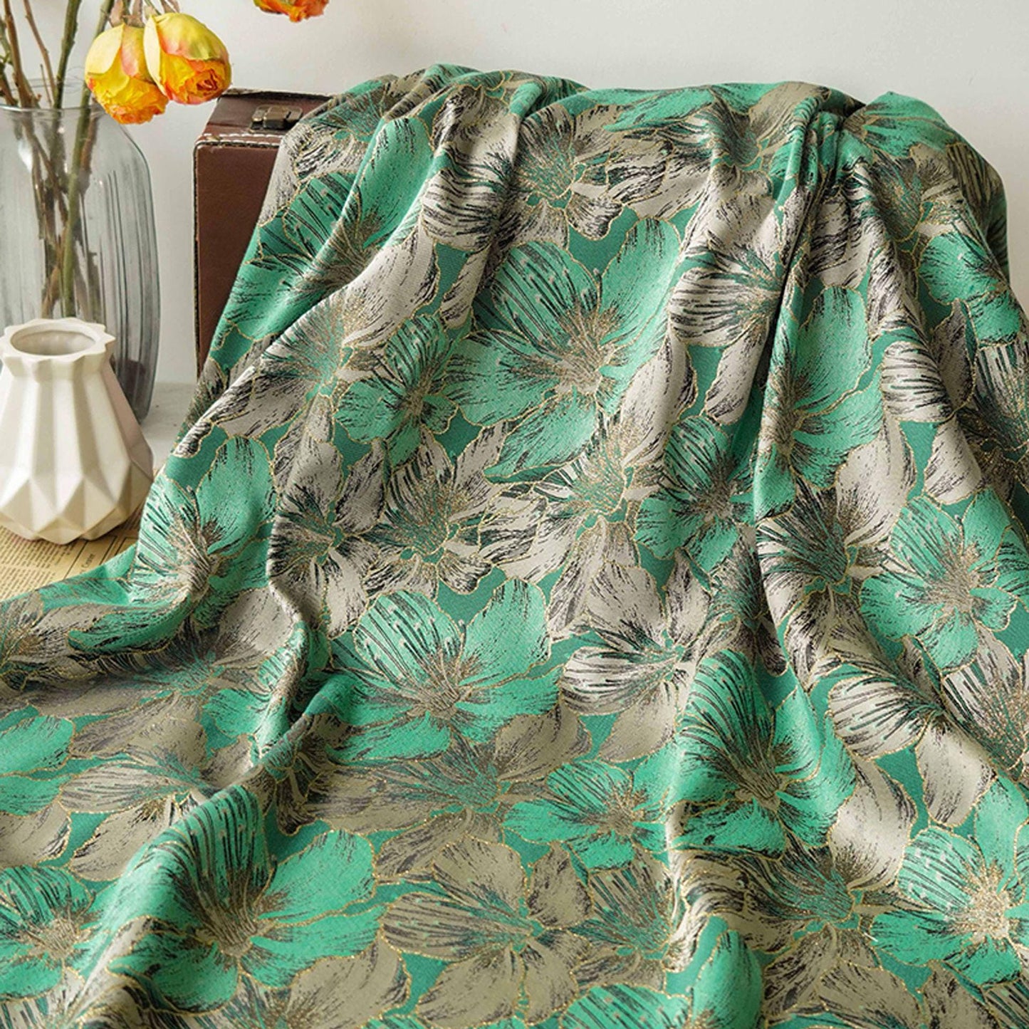 Gold Thread Floral Jacquard Fabric: 65"W Designer Upholstery