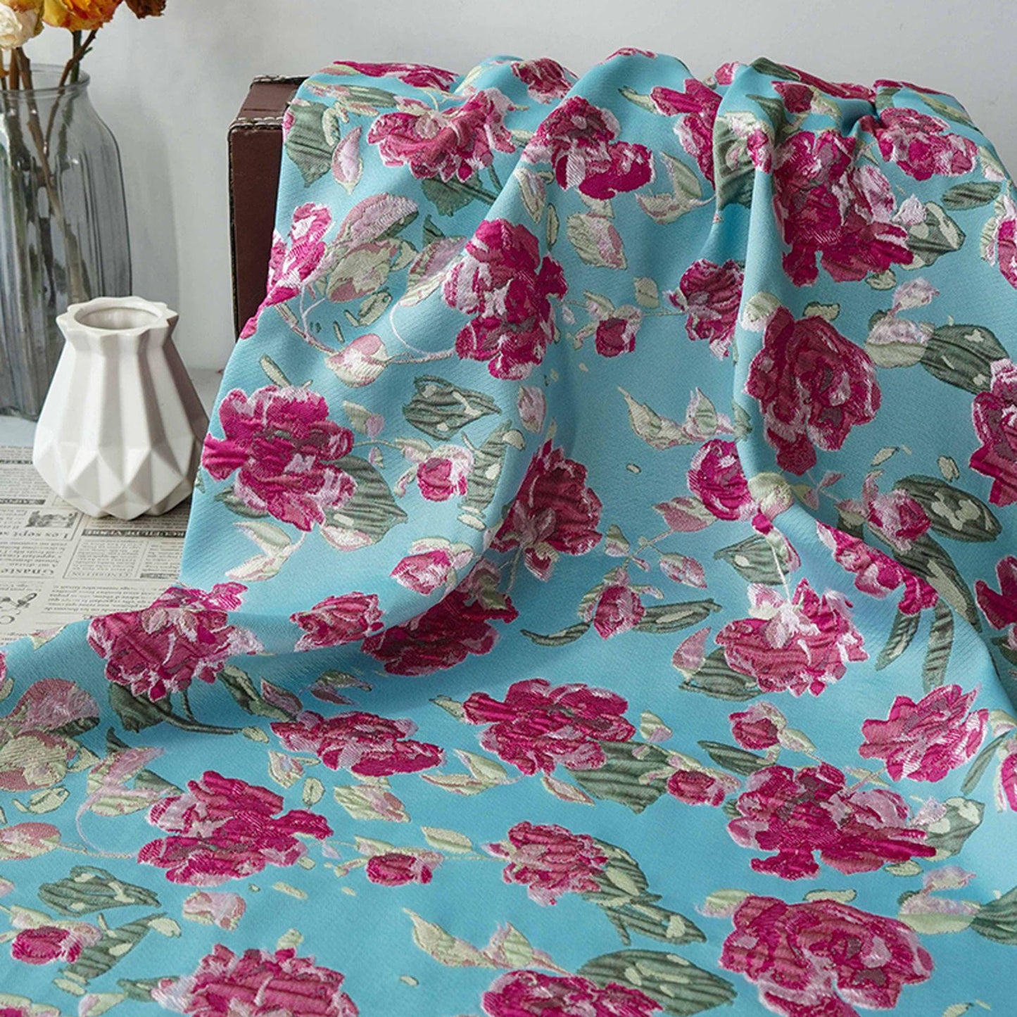 Blue Floral Embossed Jacquard Fabric ��� 3D Textur" Wide