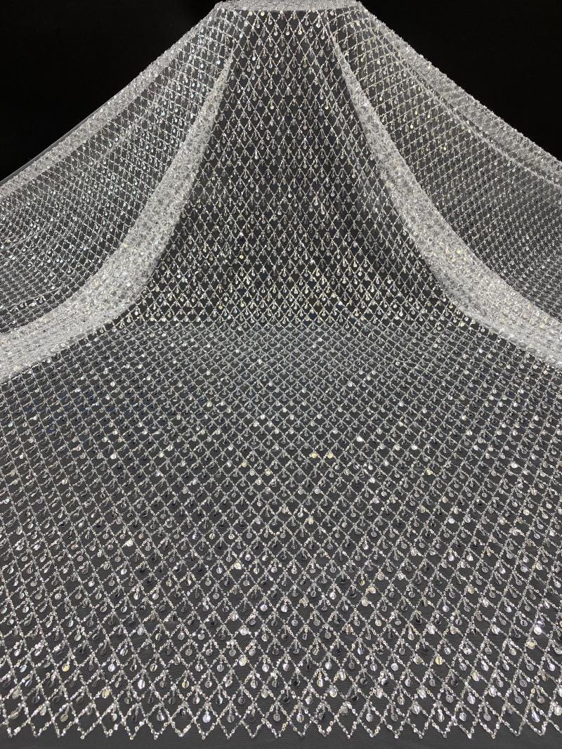 Crystal Sequin Embroidery Fabric: See-Through Wedding Dress Material