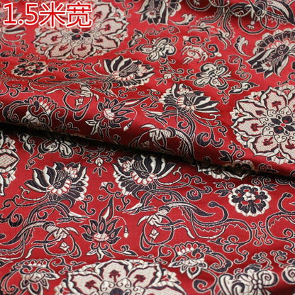 Tissu brocart à fleurs de lotus rouges : Coussin Cheongsam chinois, 150 cm de large