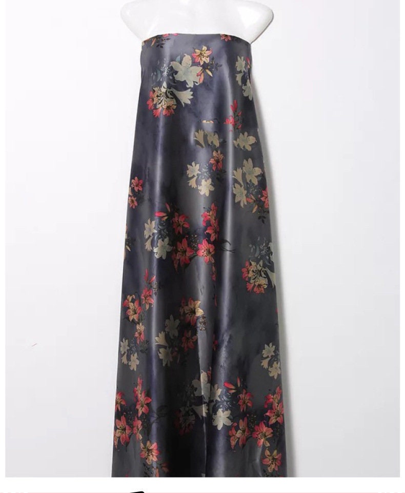 Lily Print Silk Satin Fabric: Gambiered Canton Gauze, 59" Wide