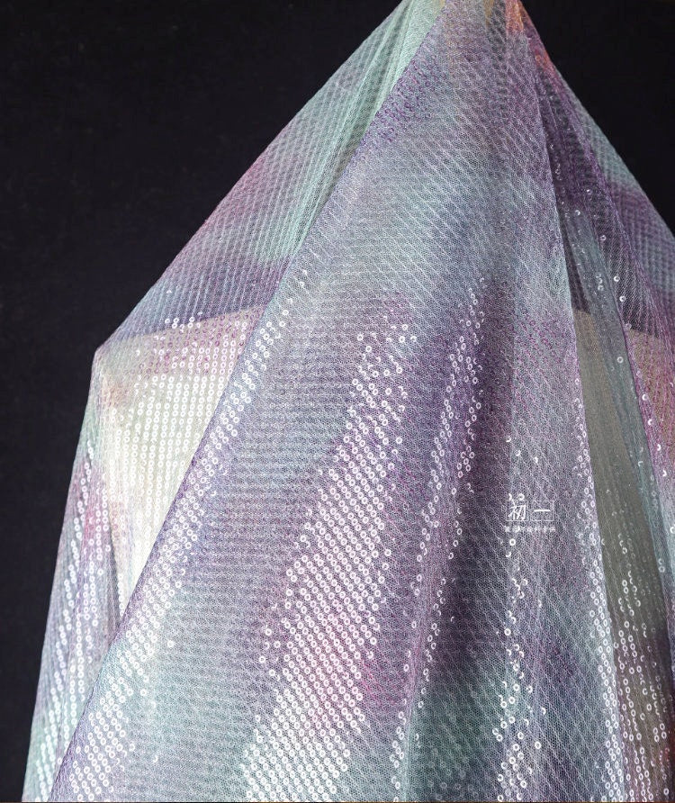 Lilac Green Sequin Mesh Fabric, Embroidered Scale Design, 49"W