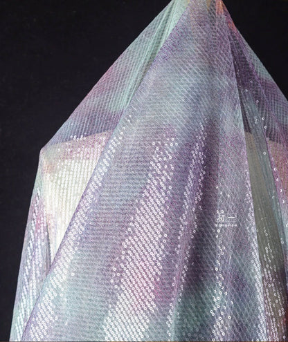 Lilac Green Sequin Mesh Fabric, Embroidered Scale Design, 49"W