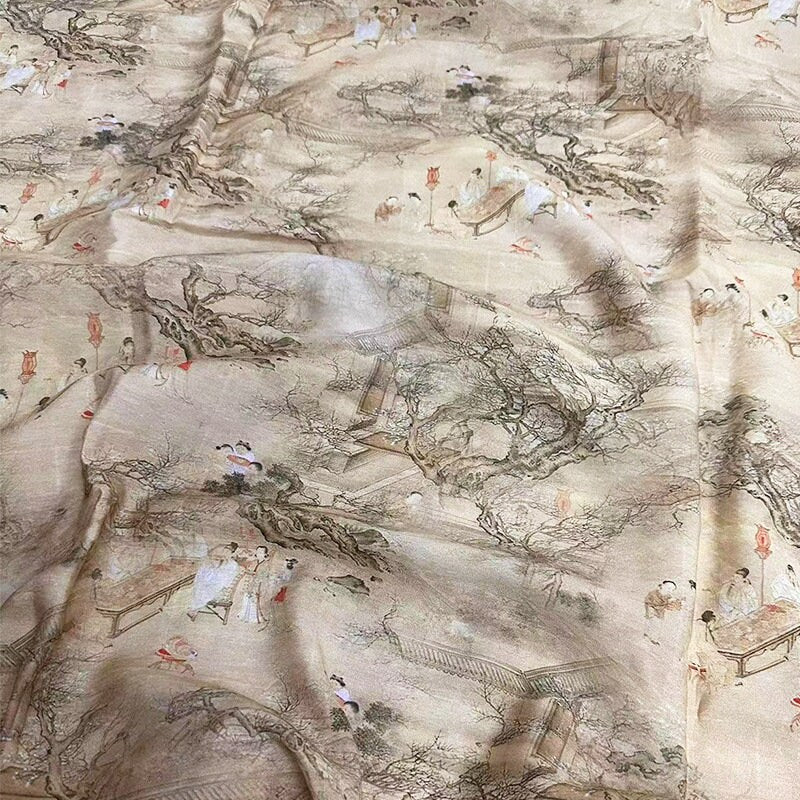 Tencel Ramie Fabric: Ancient Ladies Print, Sewing Material by Meter