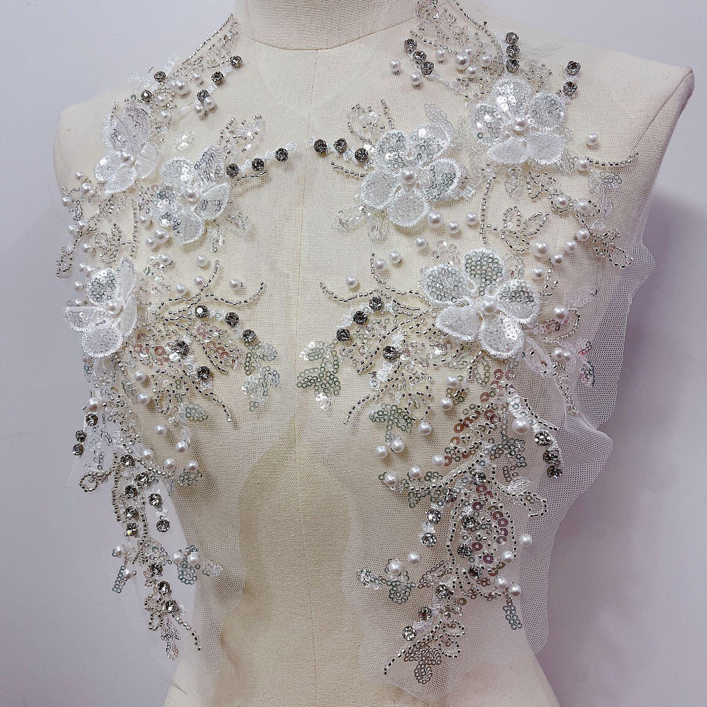 Embroidered Lace Trim: Light Ivory Bridal Applique with Sequins (By Pair)