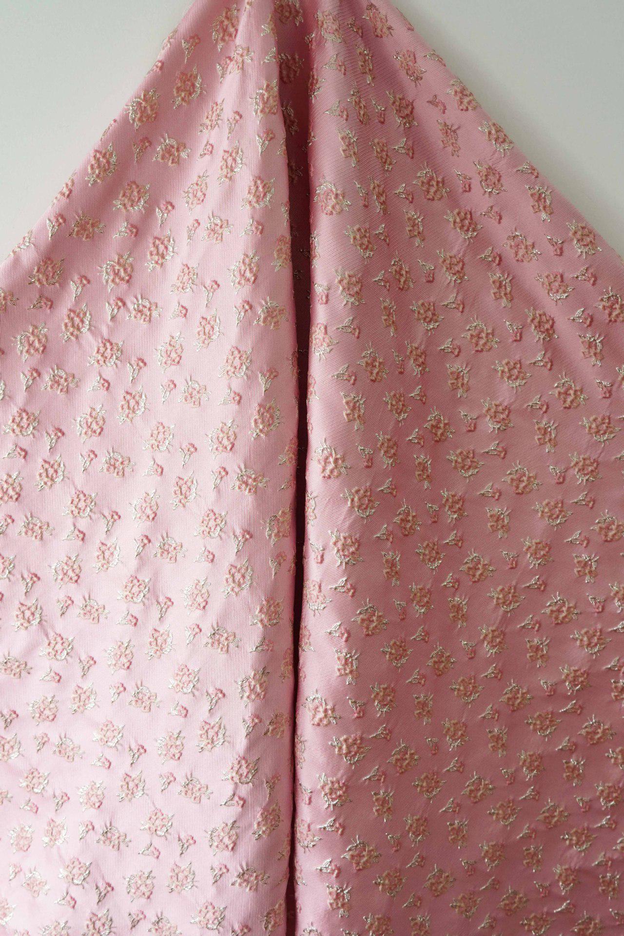Pink Floral Jacquard Fabric: Gold Thread Brocade, Luxury Dressmaking Fabric