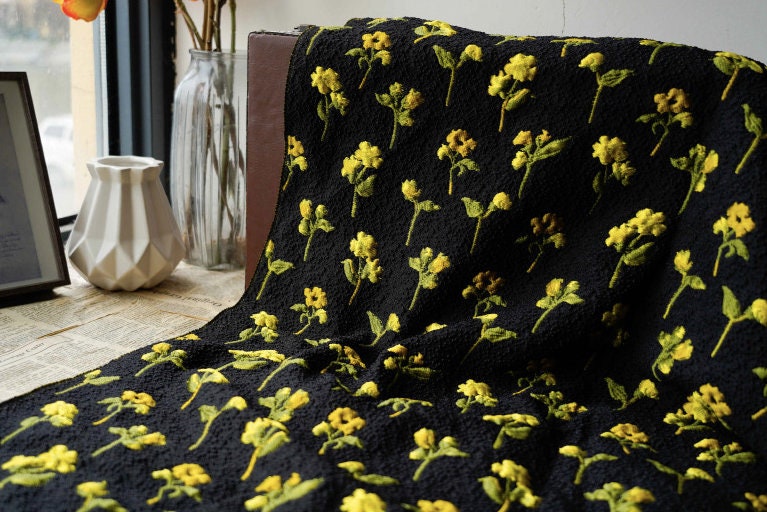 Yellow Flower Jacquard Fabric, Black 3D Designer Fabric, 55"W