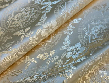 Milky White Silk Brocade Fabric: Metallic Dunhuang Pattern, 29.5" Wide