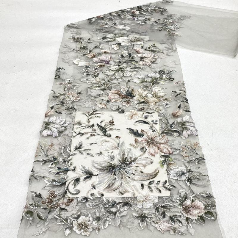 Embroidered Floral Fabric, Beads & Sequins, Cheongsam Dress Material