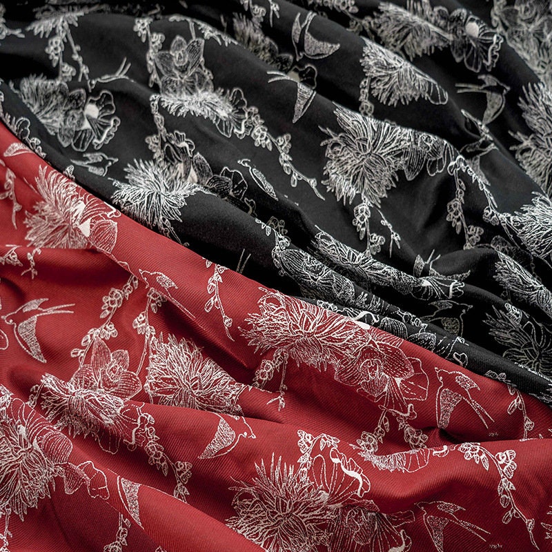 Magpie & Flower Jacquard Fabric: Palace Style Rayon Blend, 55"W