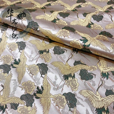 Crane Brocade Fabric: Colorful Asian Decor Fabric by the Meter