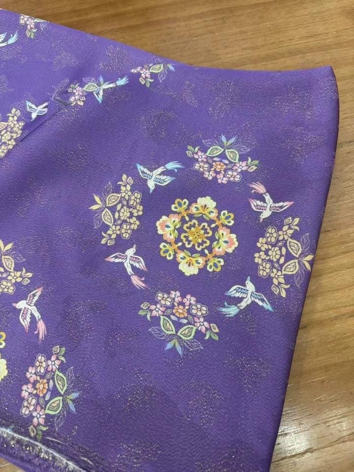 Purple Floral Brocade Fabric: Rayon & Gold Thread Chinese Style Medallion, 55"W