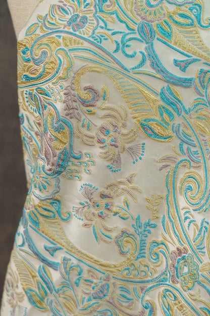 Blue & Yellow Embossed Jacquard Fabric, Palace Damask, 60"W, Meter