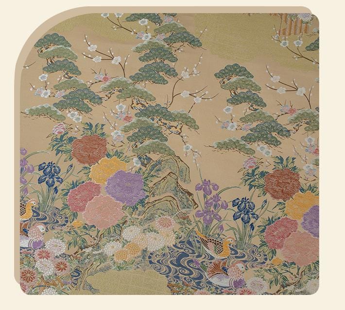 Nishijin Weave Fabric: Japanese Mandarin Duck & Floral Pattern (By The Meter)