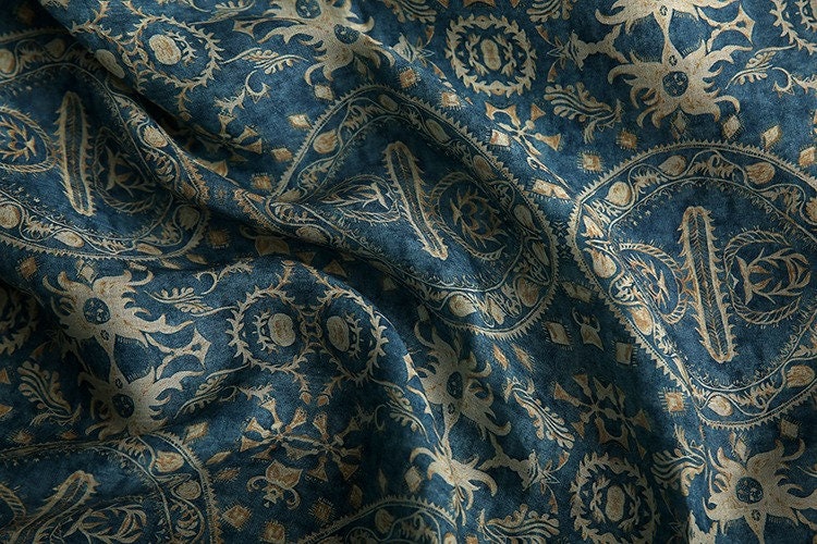 Blue Dunhuang Buddha Flower Ramie Fabric: 57"W Upholstery & Sewing