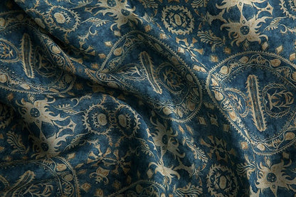 Blue Dunhuang Buddha Flower Ramie Fabric: 57"W Upholstery & Sewing