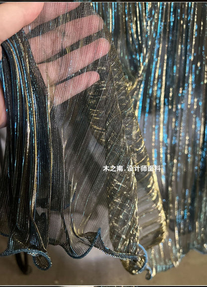 Peacock Blue Glitter Pleated Mesh Fabric, 59" Wide, Stiff Organza