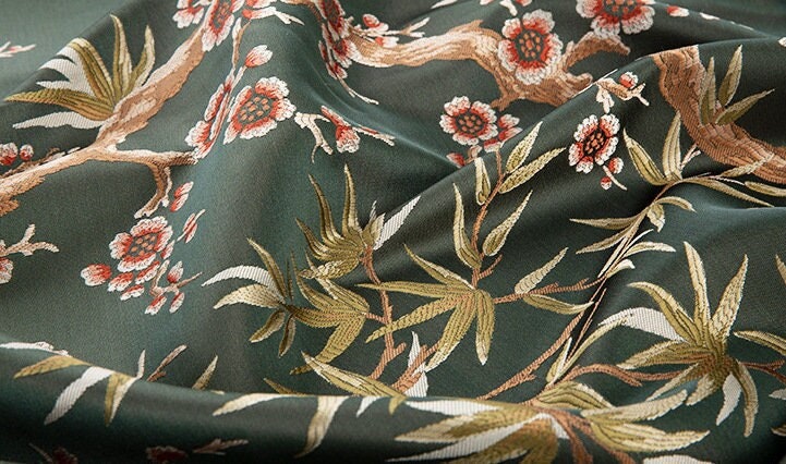 Bamboo & Plum Blossom Brocade Jacquard Fabric: 57"W Damask Upholstery