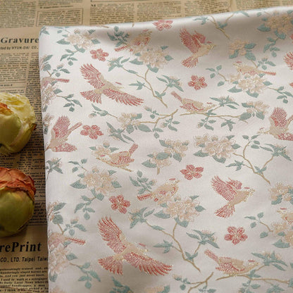 Crane Bird Jacquard Satin Fabric: 59"W Brocade Upholstery & Drapery