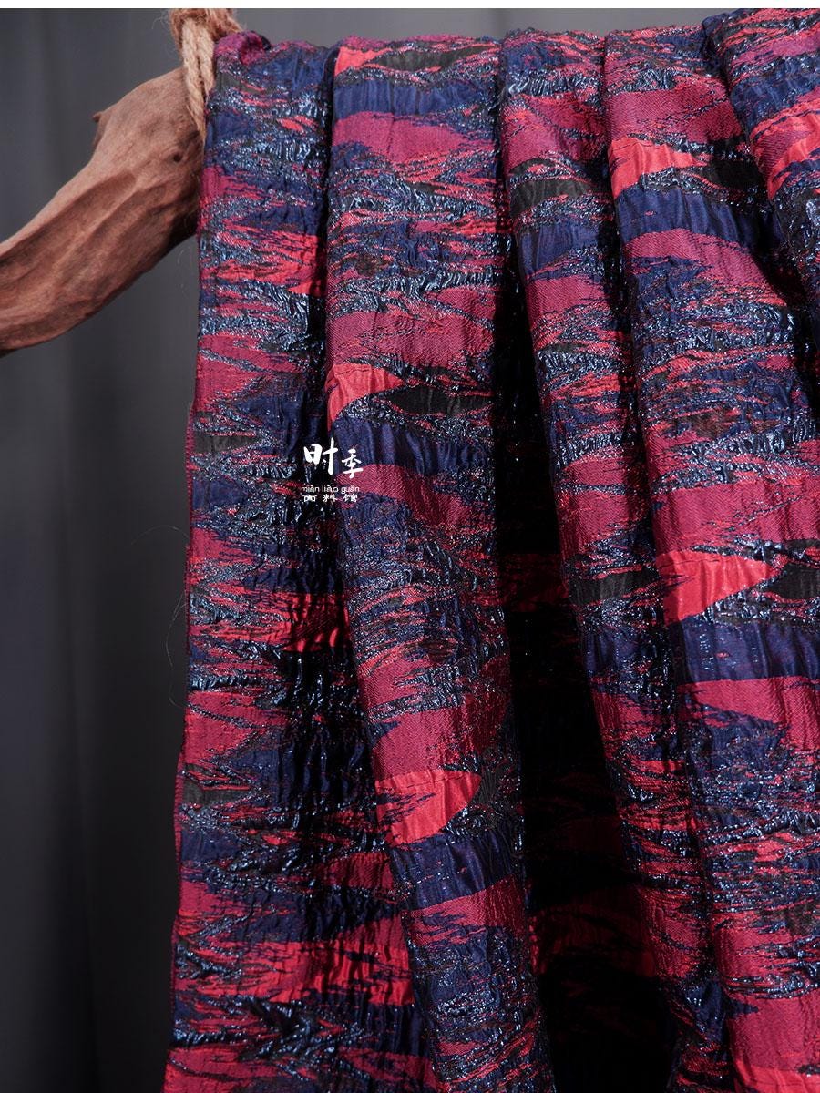 Gold Thread Jacquard Fabric: Red & Blue 3D Designer Fabric, 55"W