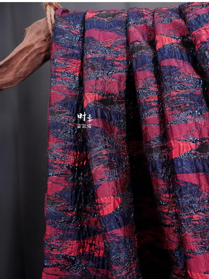 Gold Thread Jacquard Fabric: Red & Blue 3D Designer Fabric, 55"W