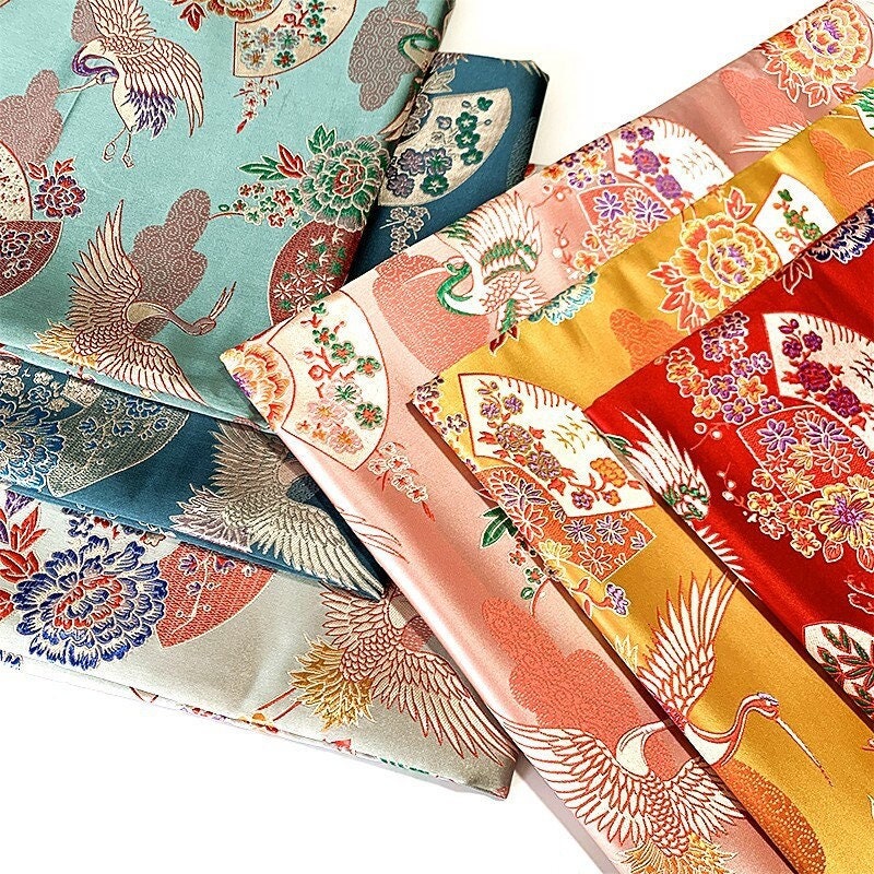 Nishijin Japanese Brocade Fabric: Crane & Fan Jacquard Silk Rayon Blend (57"W)