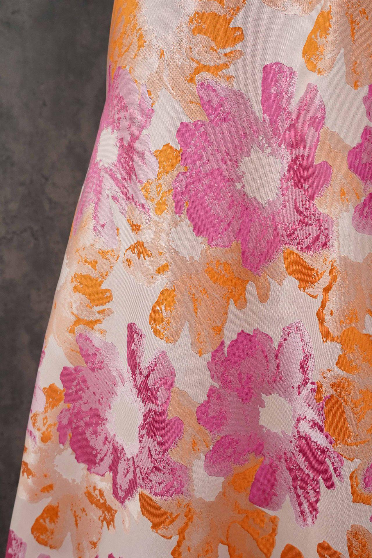 Floral Jacquard Brocade Fabric: Orange Pink Flower Pattern, 65" Wide