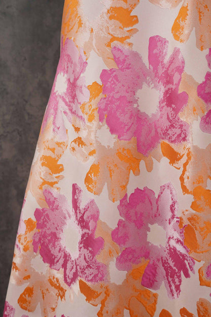 Floral Jacquard Brocade Fabric: Orange Pink Flower Pattern, 65" Wide