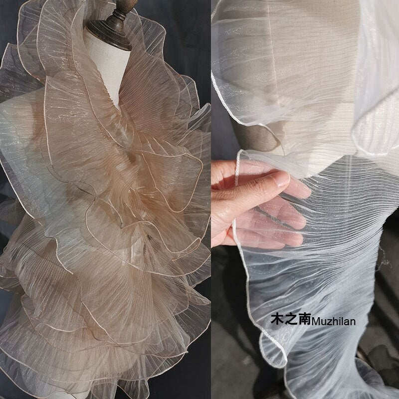 Pleated Ruffle Organza Fabric: 3D Fold, Stiff Texture, 13cm Wide