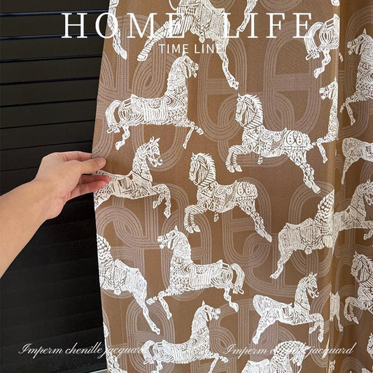 Royal Horse Chenille Jacquard Curtain Fabric ��� Wheat Cream Drapery (By The
