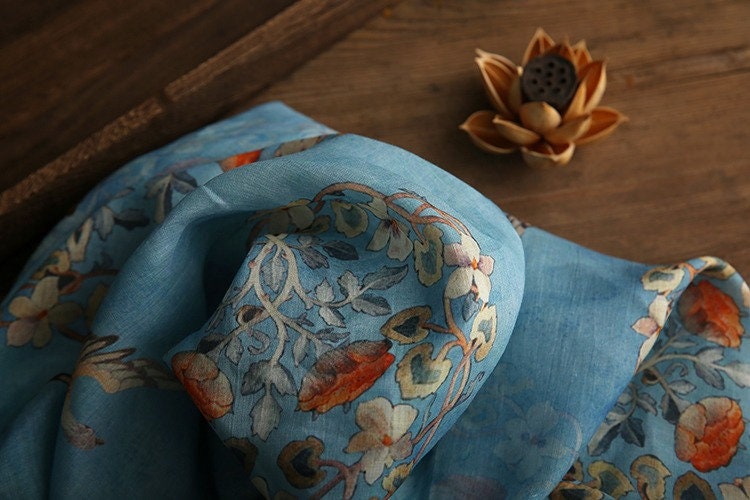 Floral Bird Print Ramie Fabric: Turquoise Ink, 57" Wide