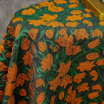 Orange Floral Jacquard Fabric: Gold Foil Upholstery & Sewing (56"W, 1 Meter)
