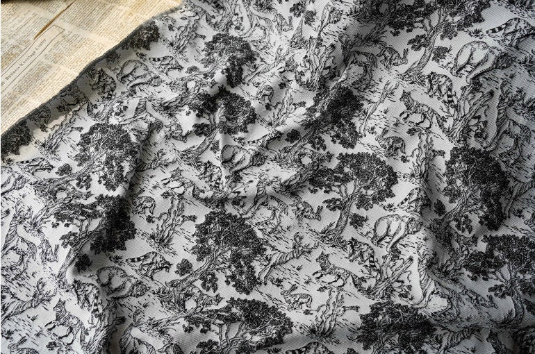 Tissu jacquard noir et blanc à motif zoo : mélange de rayonne pour ameublement, 140 cm de large
