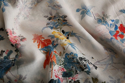 Floral Ramie Fabric: Ancient Ink Painting Print, 57" Wide