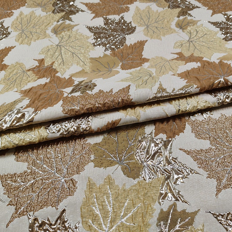 Gold Embossed Maple Leaf Jacquard Fabric: 55" Wide, Prom Dress, Upholstery