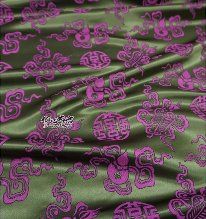Silk Brocade Fabric: Purple & Green Chinese Upholstery, Costume, Decor