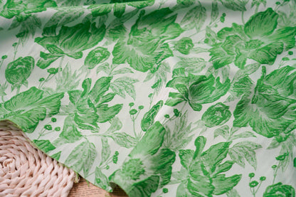 Tissu jacquard à motif de feuilles vertes : texture peinture à l’huile 3D, 135 cm de large