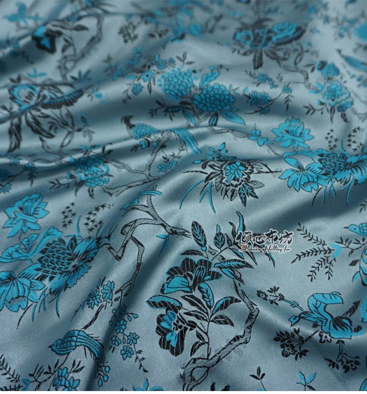 Blue Brocade Fabric: Bird & Azalea Print, 59" Wide
