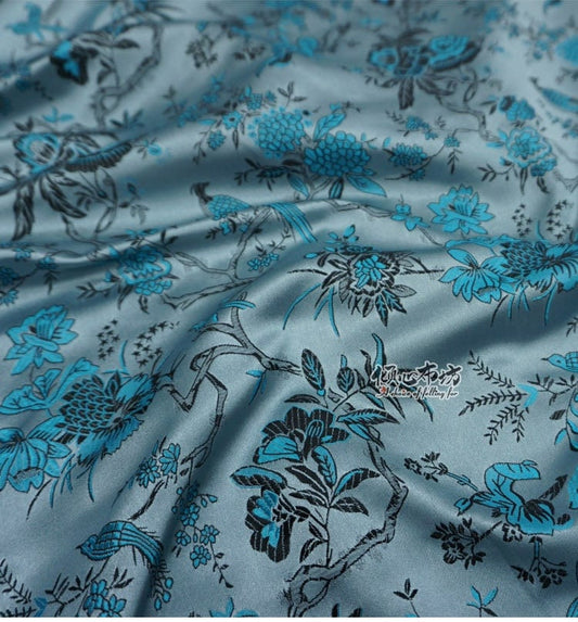 Blue Brocade Fabric: Bird & Azalea Print, 59" Wide