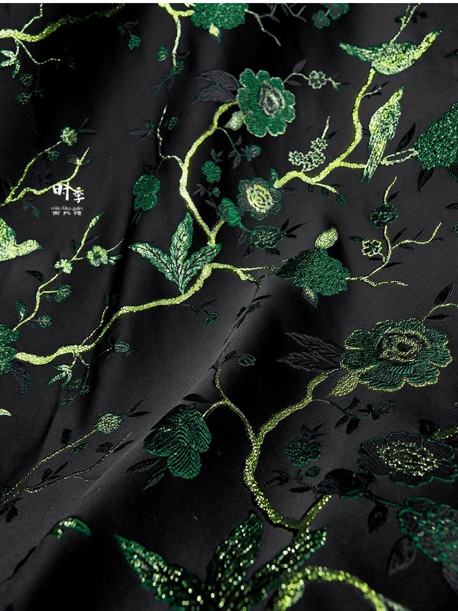 Black & Jade Green Brocade Fabric | 3D Textured Jacquard, 55" Wide