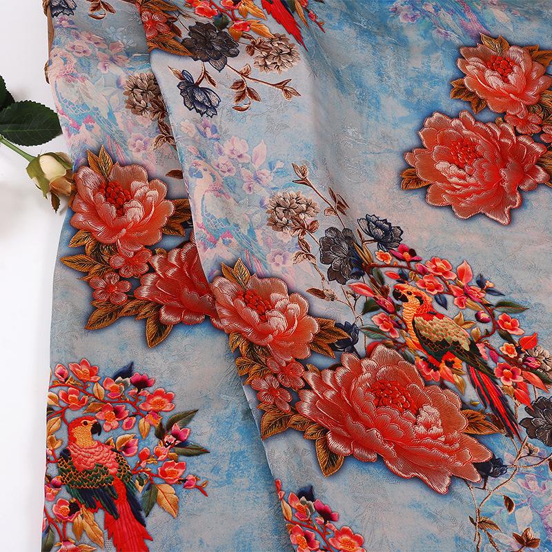 Peony Floral Rayon Silk Fabric: Chinese Print Dressmaking Material, 59" Wide
