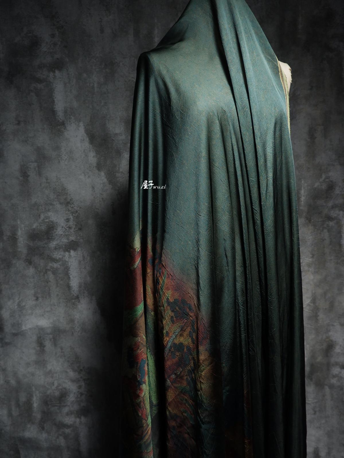 Dark Green Silk Satin Fabric: Dunhuang Pattern Sewing Material, 55"W
