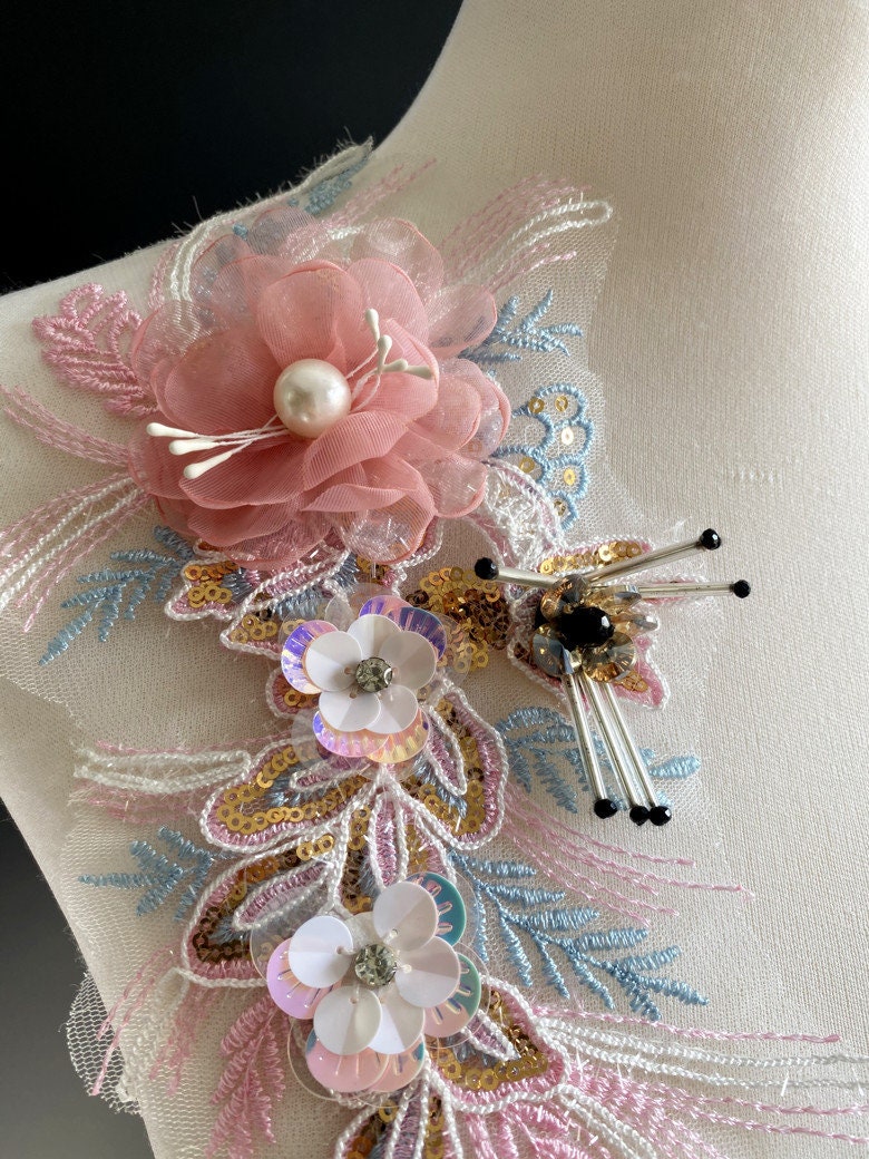 3D Embroidery Flower Applique: Handmade Organza Lace (30x13cm)