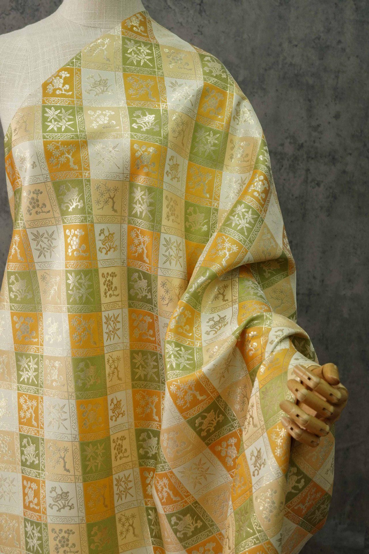 Jacquard Hanfu Fabric: Gold Weaving Ethnic Paddy Field Pattern, 59"W