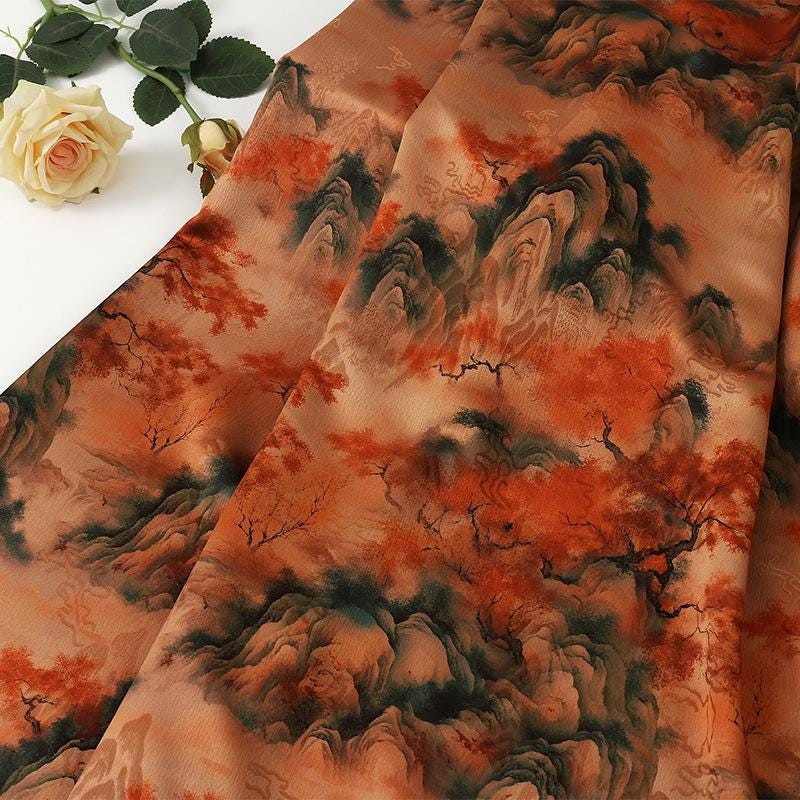 Tea Silk Satin Fabric: Ancient Painting Print, 59" Wide